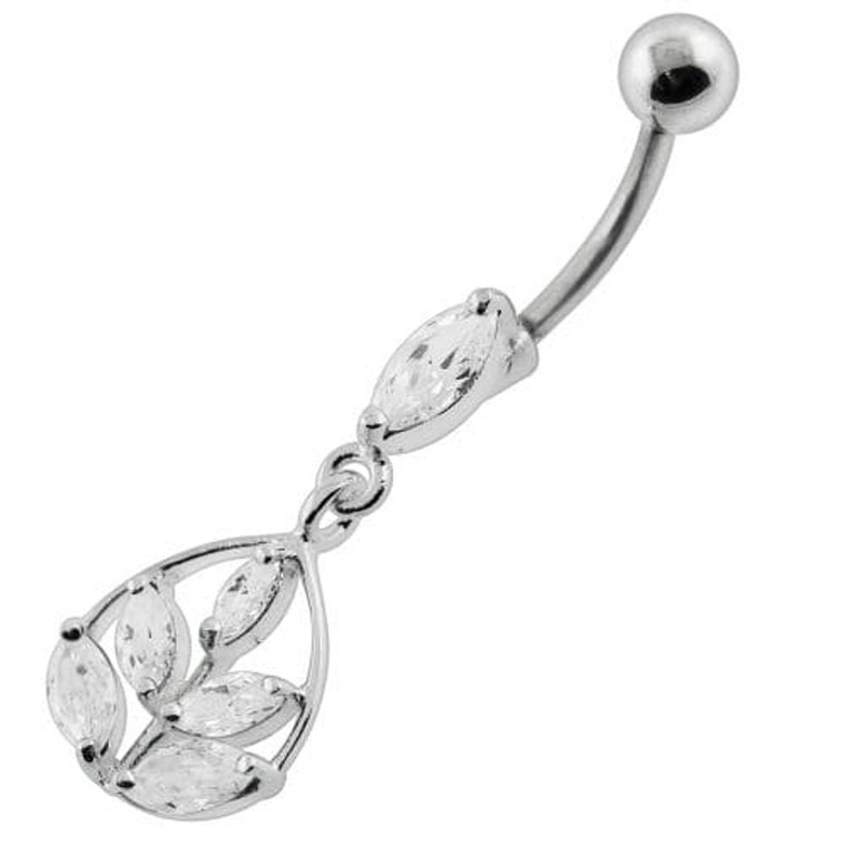 Framed Jeweled Leaf Dangling Navel Belly Piercing - Clear