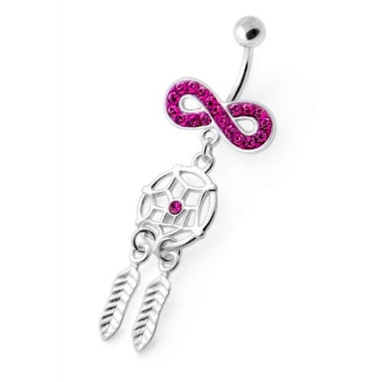 Infinity with Dream catcher Dangling Belly bar - Fushia