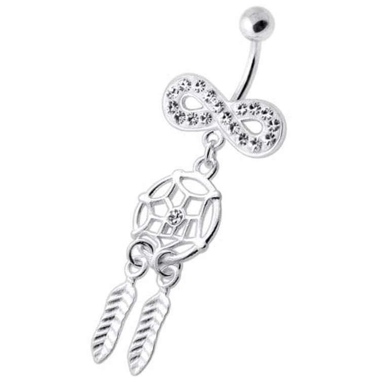 Infinity with Dream catcher Dangling Belly bar - Clear