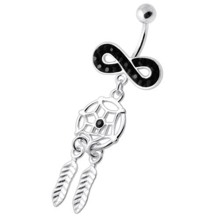 Infinity with Dream catcher Dangling Belly bar - Black