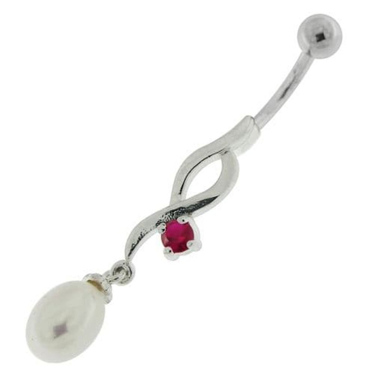 Jeweled And Pearl Silver Fancy Dangling Curved Bar Belly Ring - Red