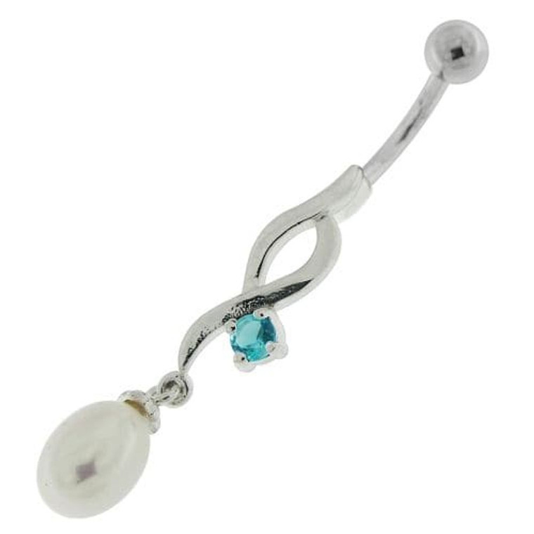 Jeweled And Pearl Silver Fancy Dangling Curved Bar Belly Ring - Aqua