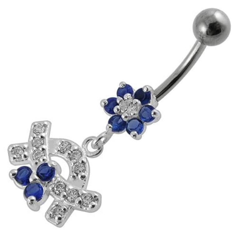 Jeweled Curve With Flower Silver Dangling Banana Bar Navel Belly Ring - Dark blue