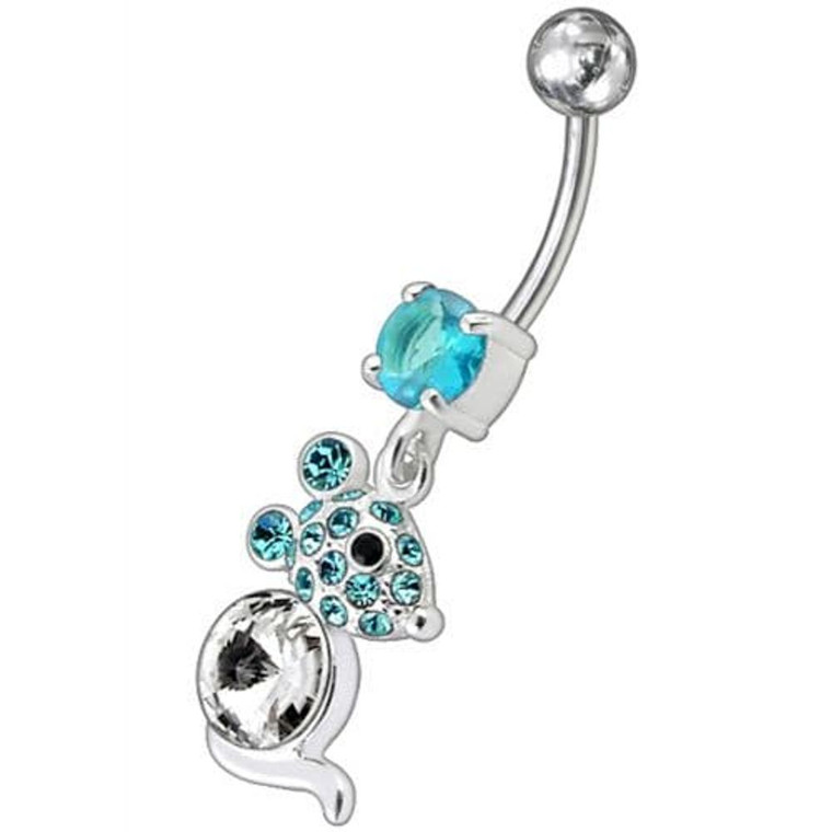 Jeweled Dangling Banana Bar Fancy Small Rat Belly Ring - Aqua
