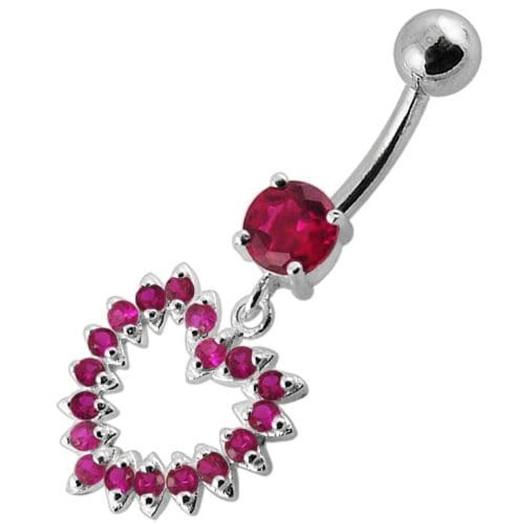 Jeweled Fancy Heart Silver Dangling Banana Bar Navel Belly Ring - Red
