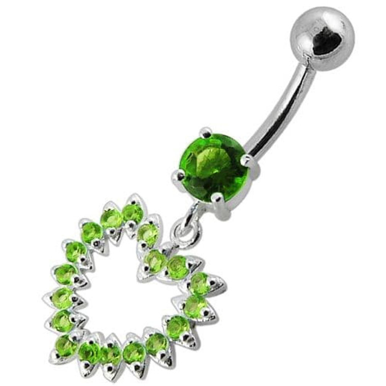 Jeweled Fancy Heart Silver Dangling Banana Bar Navel Belly Ring - Peridot