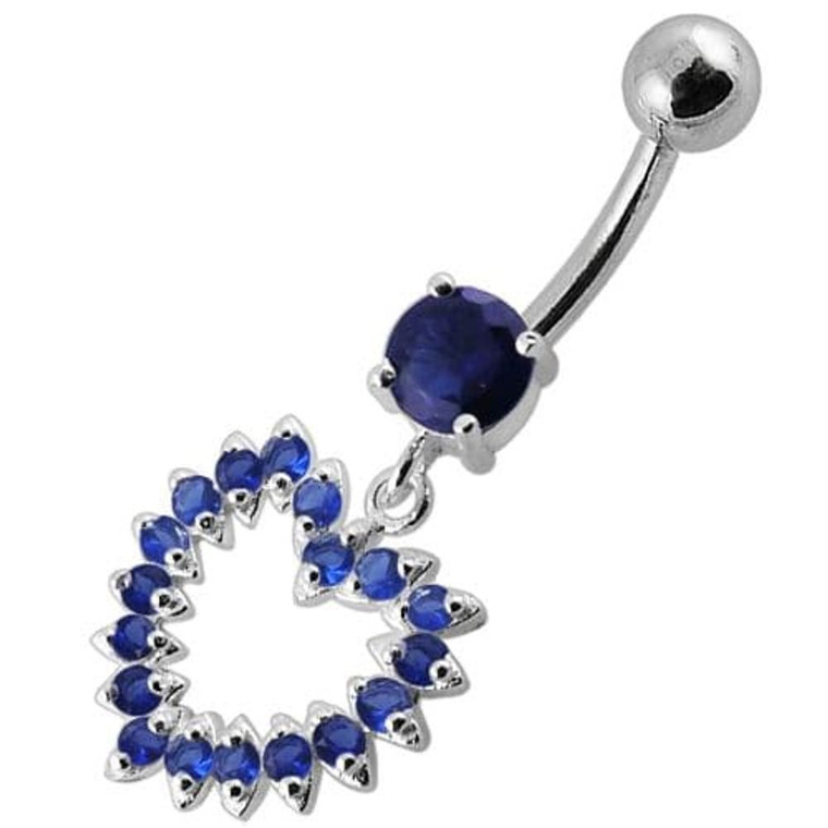 Jeweled Fancy Heart Silver Dangling Banana Bar Navel Belly Ring - Dark blue