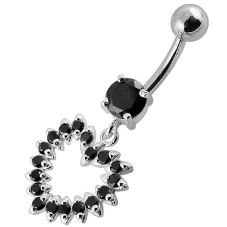 Jeweled Fancy Heart Silver Dangling Banana Bar Navel Belly Ring - Black