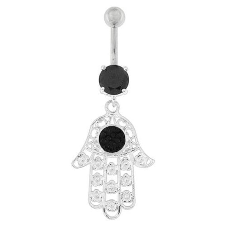 Hamsa Hand with Flowers Dangling Belly Button Ring - Black