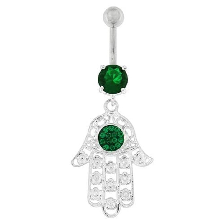 Hamsa Hand with Flowers Dangling Belly Button Ring - Emerald
