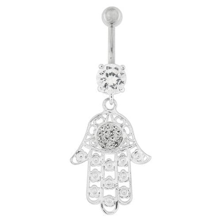 Hamsa Hand with Flowers Dangling Belly Button Ring - Clear