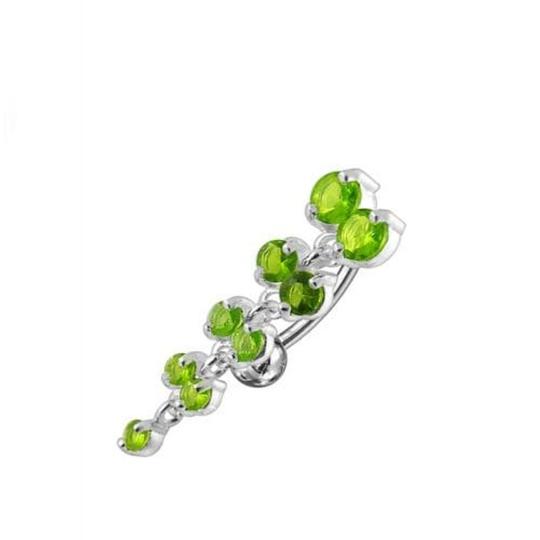 Jeweled Fancy Reverse Silver Dangling Curved Bar Belly Ring - Peridot