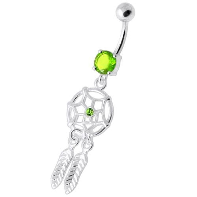 Jeweled Dream Catcher Silver Navel Ring - Peridot