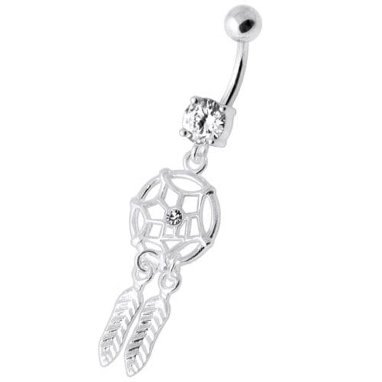Jeweled Dream Catcher Silver Navel Ring - Clear