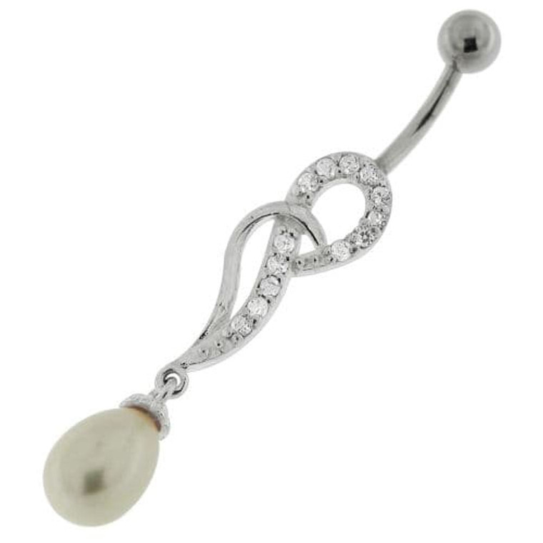Jeweled Fancy Pearl Silver Dangling Curved Bar Belly Ring - Clear