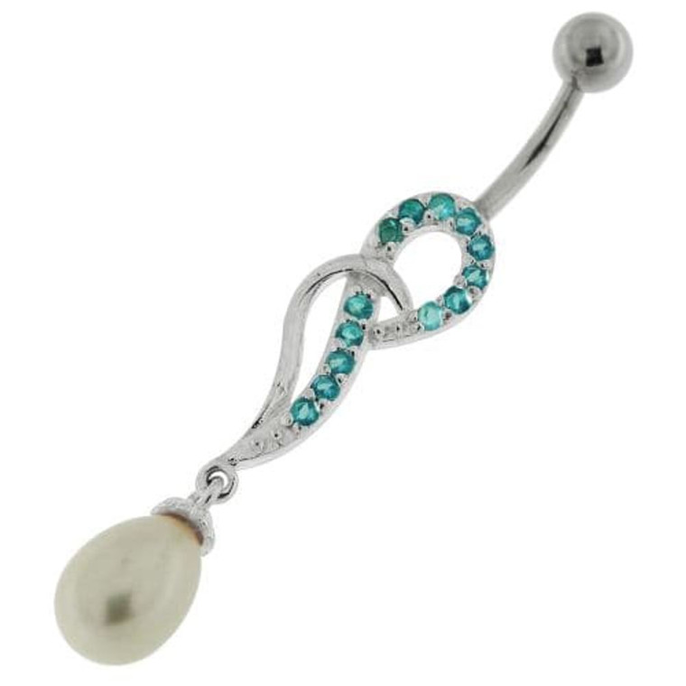 Jeweled Fancy Pearl Silver Dangling Curved Bar Belly Ring - Aqua