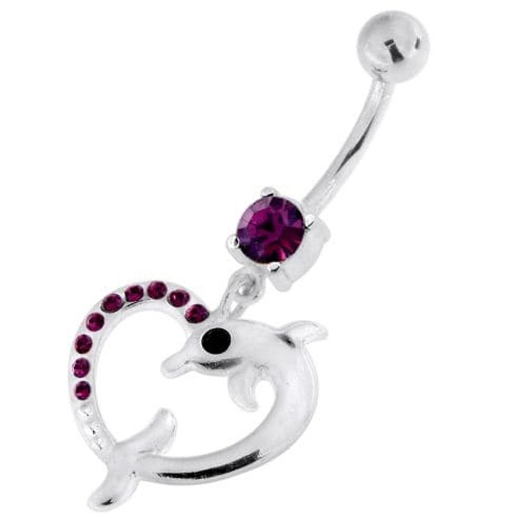 Jeweled Dolphin Heart 925 Sterling Silver Navel Belly Piercing - Purple