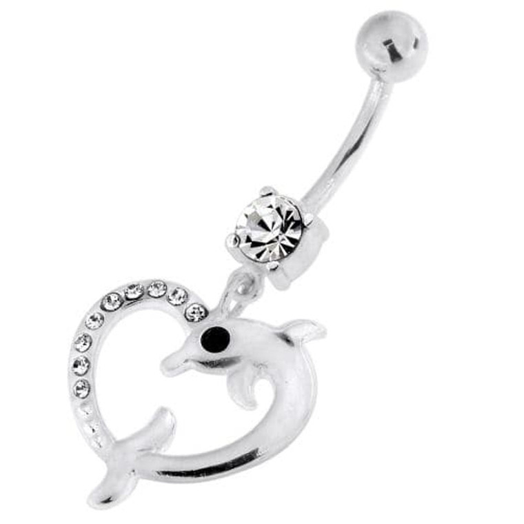 Jeweled Dolphin Heart 925 Sterling Silver Navel Belly Piercing - Clear