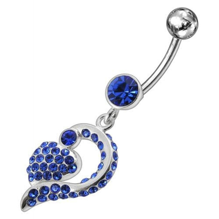 Jeweled Fancy Silver Dangling Banana Bar Navel Ring - Dark Blue