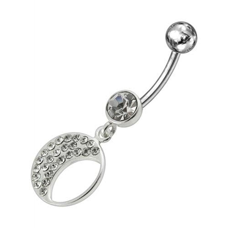 Jeweled Fancy Half MOON Silver Dangling Curved Bar Navel Ring - Clear