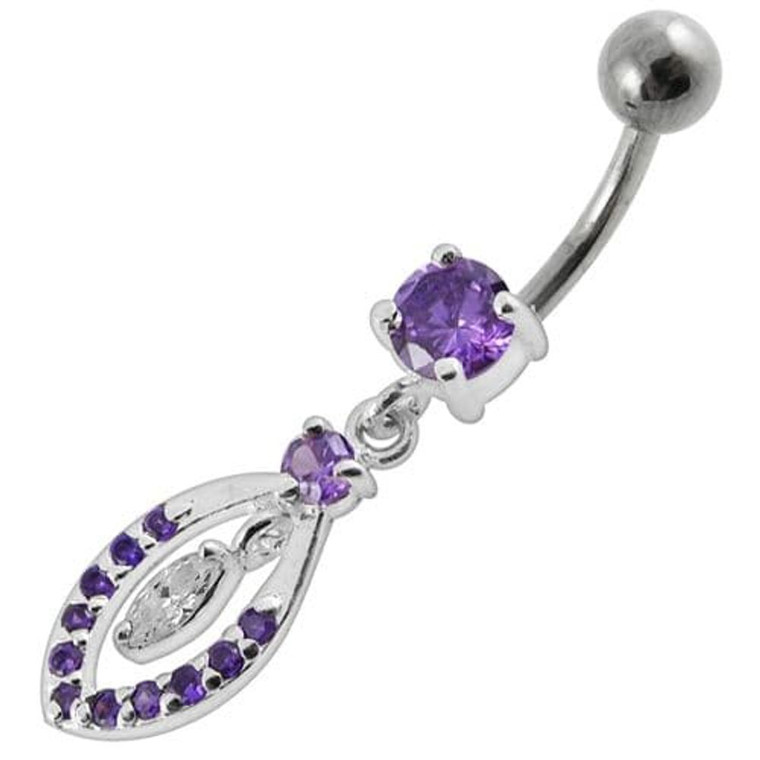 Jeweled Fancy Silver Dangling SS Bar Banana Belly Ring - Purple