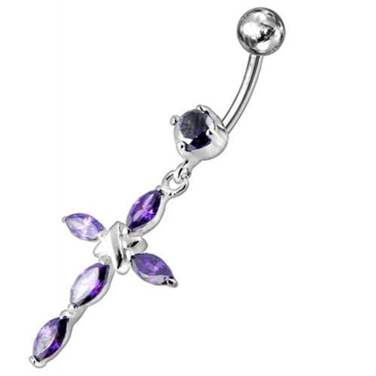 Jeweled Fancy Silver Flower Dangling SS Bar Banana Belly Ring - Purple