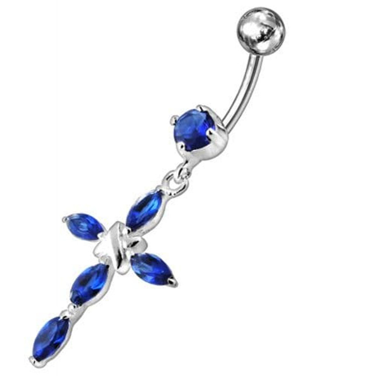 Jeweled Fancy Silver Flower Dangling SS Bar Banana Belly Ring - Dark Blue