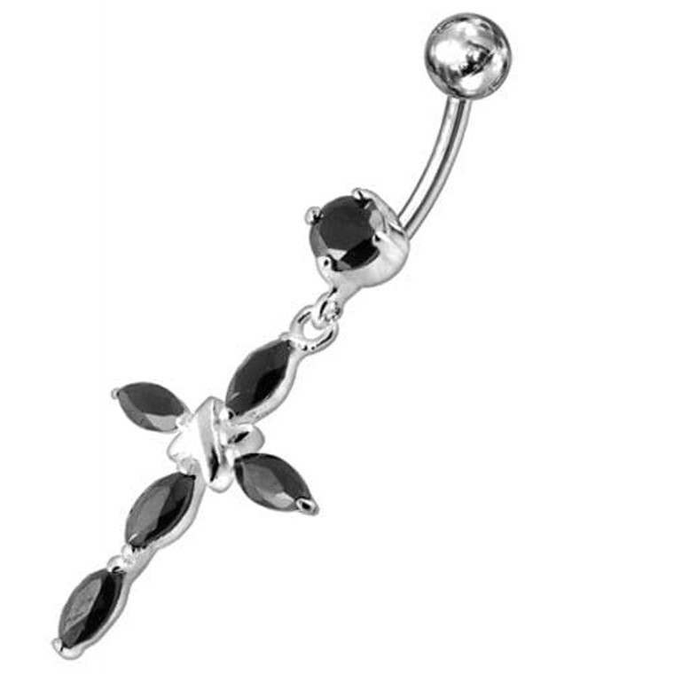 Jeweled Fancy Silver Flower Dangling SS Bar Banana Belly Ring - black