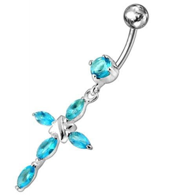 Jeweled Fancy Silver Flower Dangling SS Bar Banana Belly Ring - Aqua