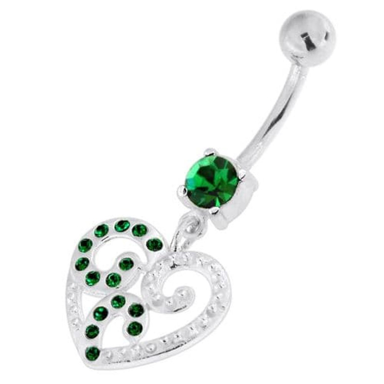 Jeweled Floral Heart 925 Sterling Silver Navel Belly Piercing - Emerald