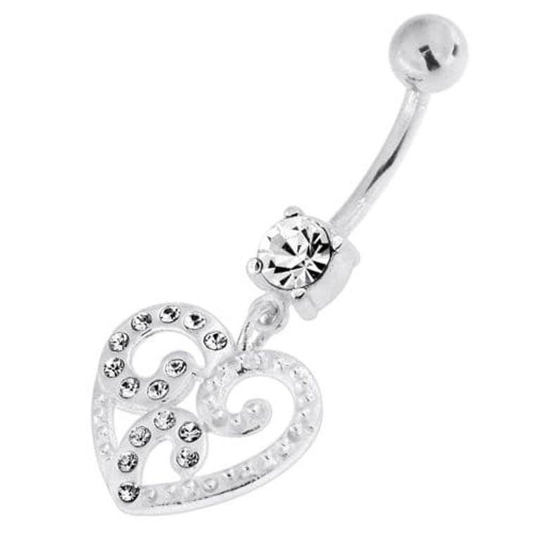 Jeweled Floral Heart 925 Sterling Silver Navel Belly Piercing - Clear
