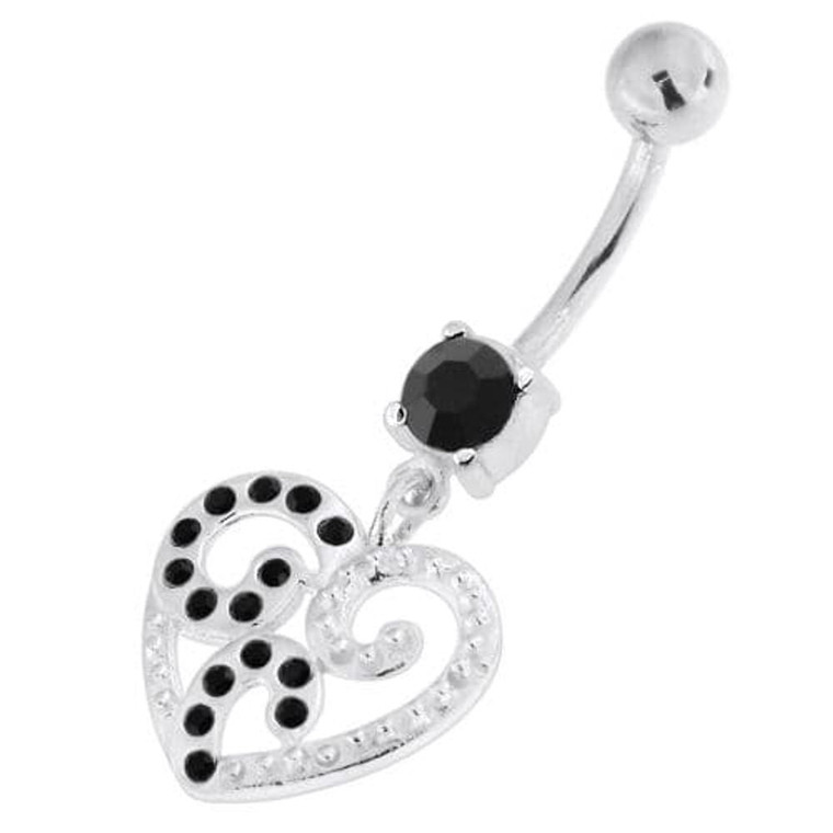Jeweled Floral Heart 925 Sterling Silver Navel Belly Piercing - Black