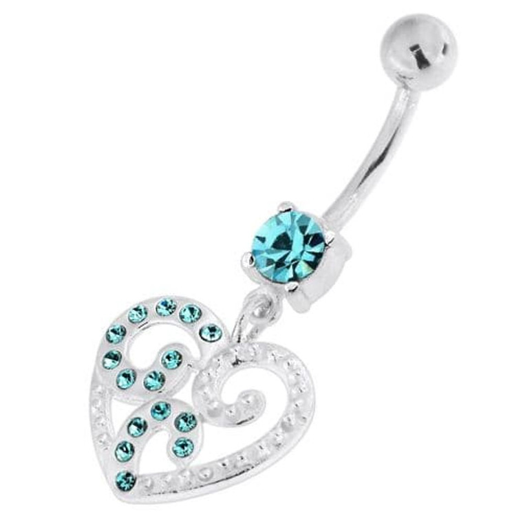 Jeweled Floral Heart 925 Sterling Silver Navel Belly Piercing - Aqua