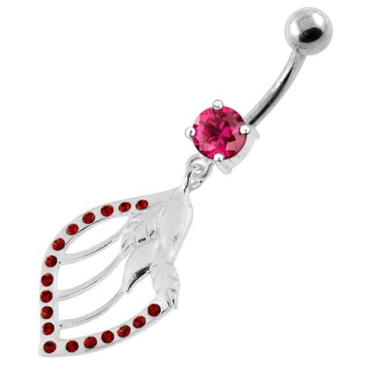 Jeweled Floral Shell 925 Sterling Silver Navel Bar - Red