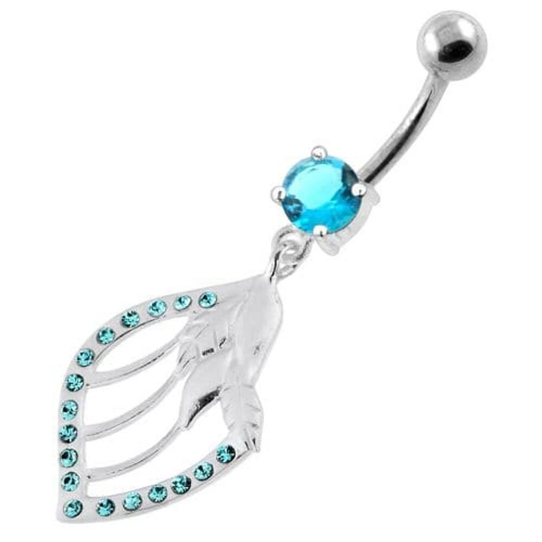 Jeweled Floral Shell 925 Sterling Silver Navel Bar - Aqua