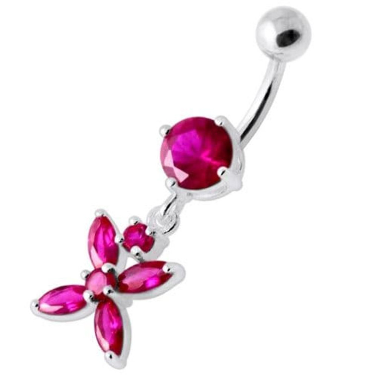 Jeweled Flower Dangling Navel belly bar - Red