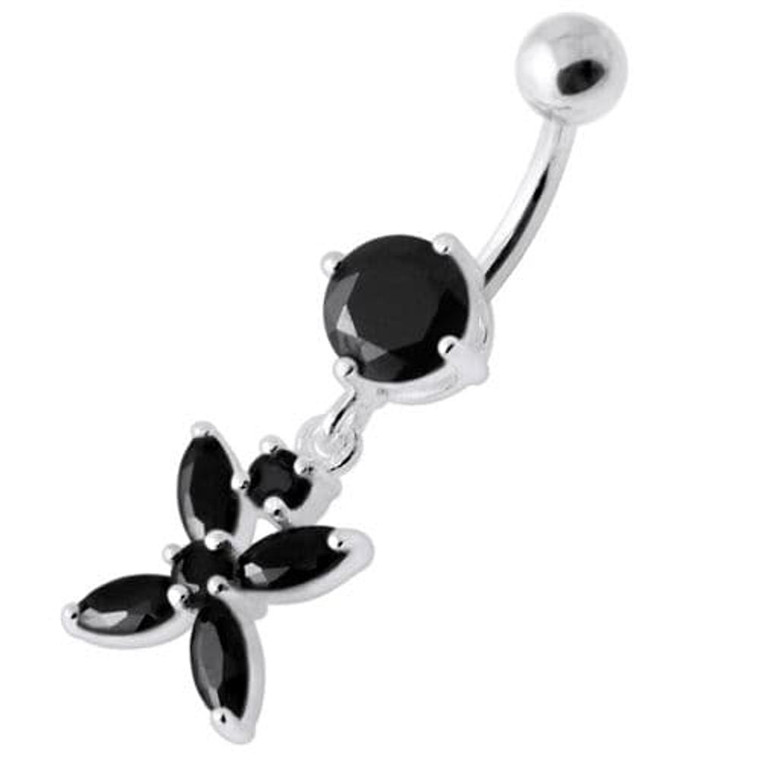 Jeweled Flower Dangling Navel belly bar - Black