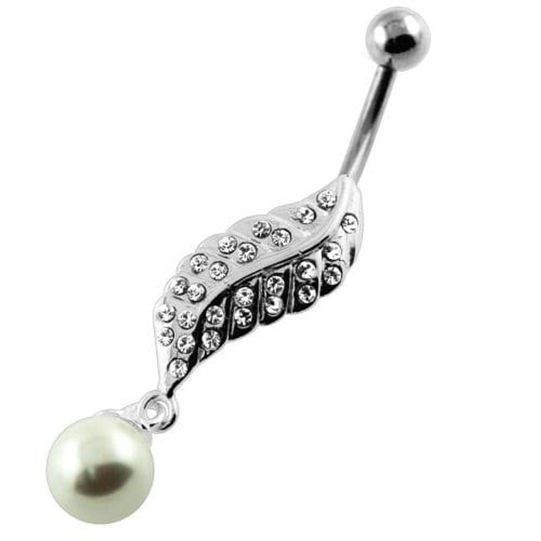 Multi Jeweled Leaf with Pearl Belly Button Piercing - Clear