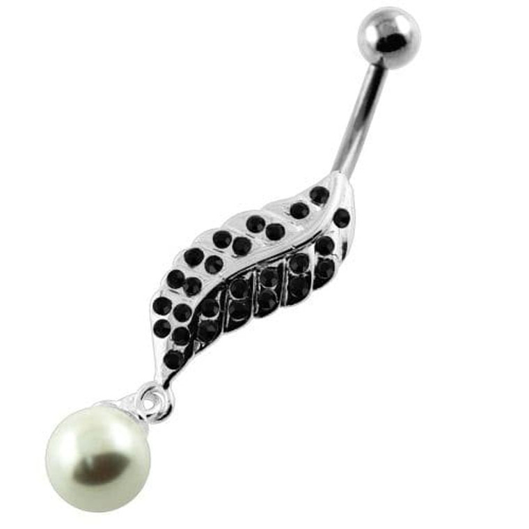 Multi Jeweled Leaf with Pearl Belly Button Piercing - Black