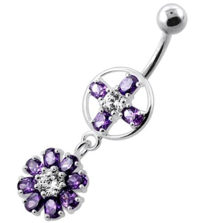 Jeweled Flower Hanging Navel Belly Bar - Purple