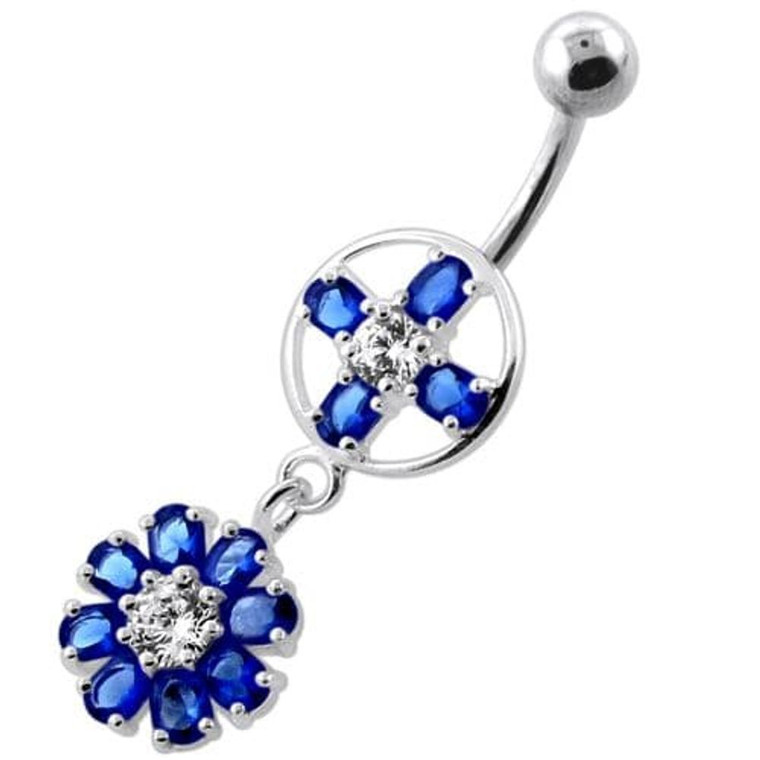 Jeweled Flower Hanging Navel Belly Bar - Dark Blue