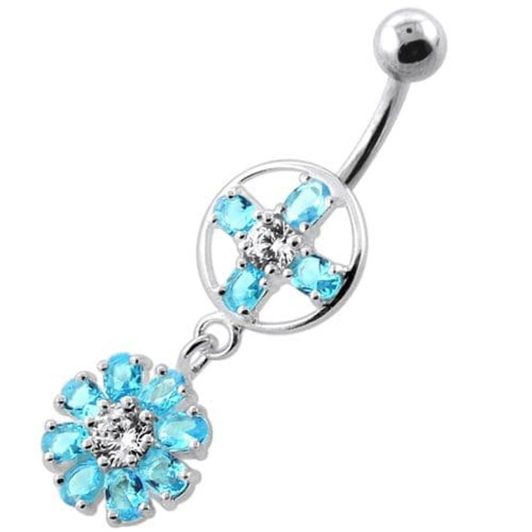 Jeweled Flower Hanging Navel Belly Bar - Aqua