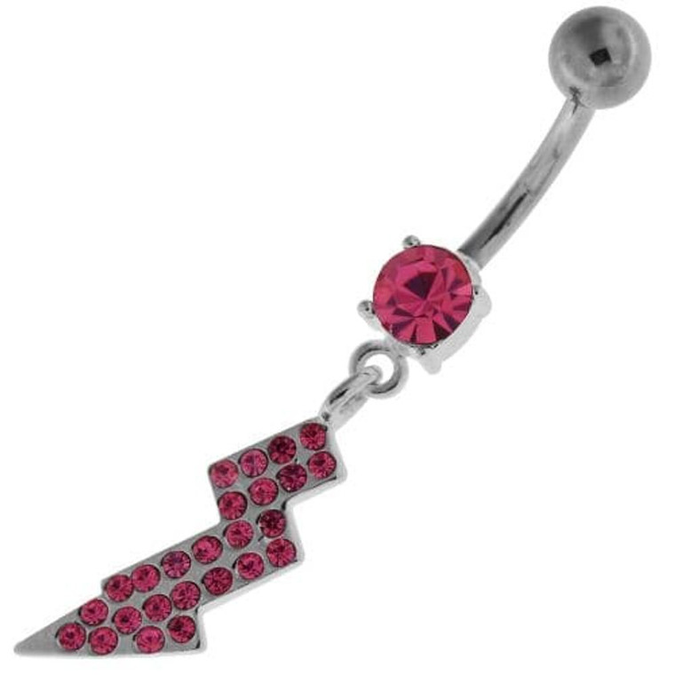 Multi Jeweled Lightning Bolt Navel Belly Button Ring - Pink