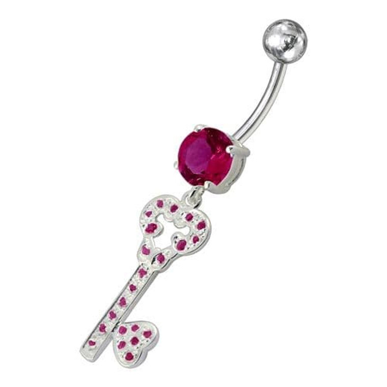Jeweled Heart Key Dangling Belly Ring - Red