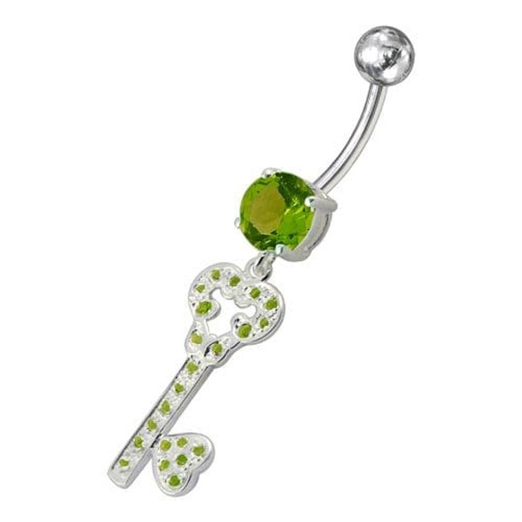 Jeweled Heart Key Dangling Belly Ring - Peridot