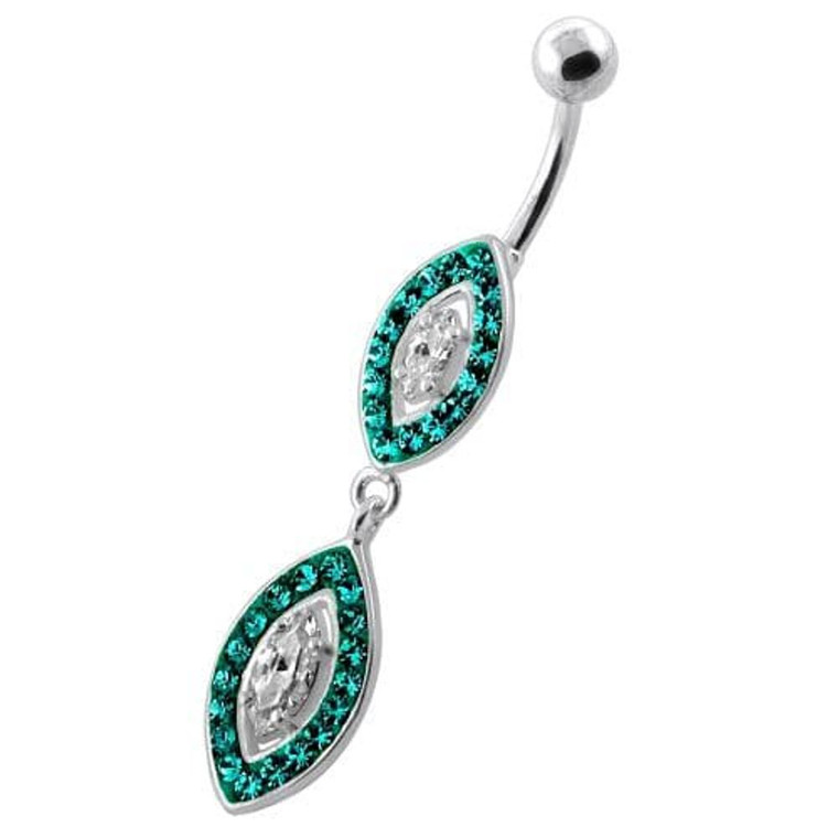 Multi Jeweled Twin Oval belly bar - Blue Zircon