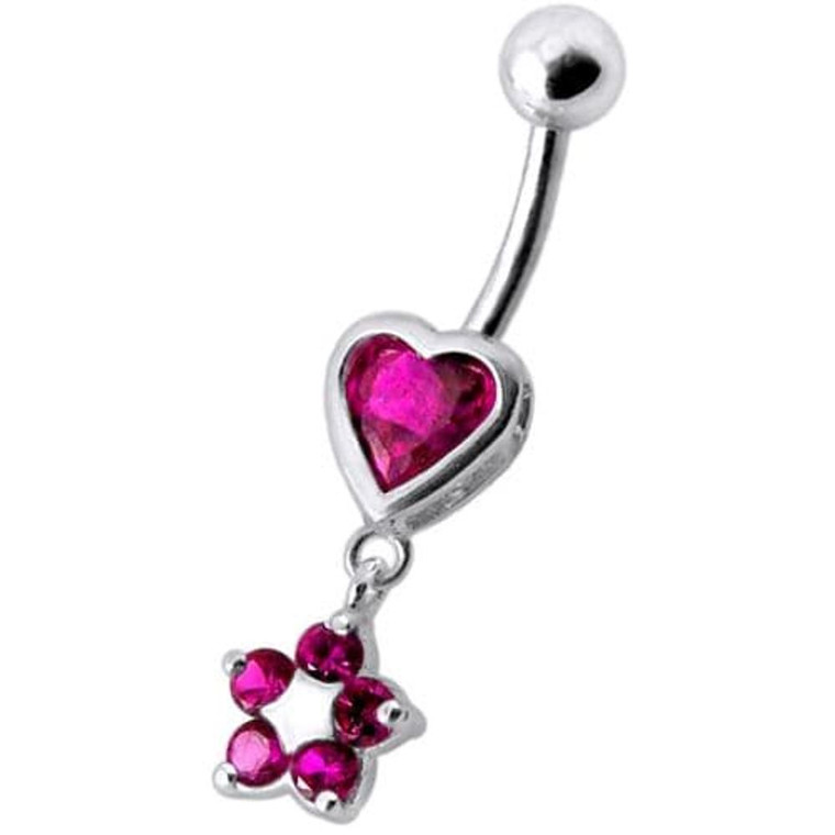 Jeweled Heart with Dangling Flower Belly Ring - Red