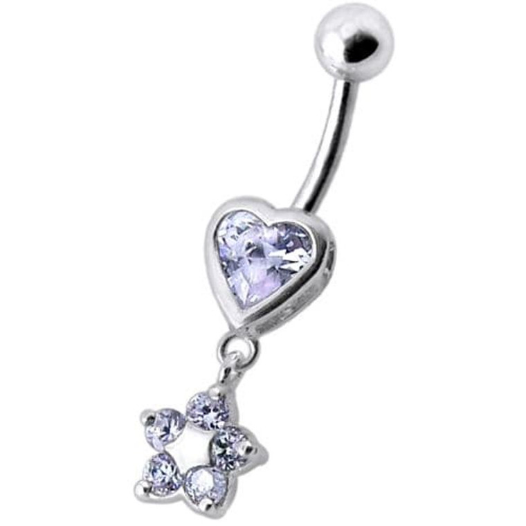 Jeweled Heart with Dangling Flower Belly Ring - Lavender
