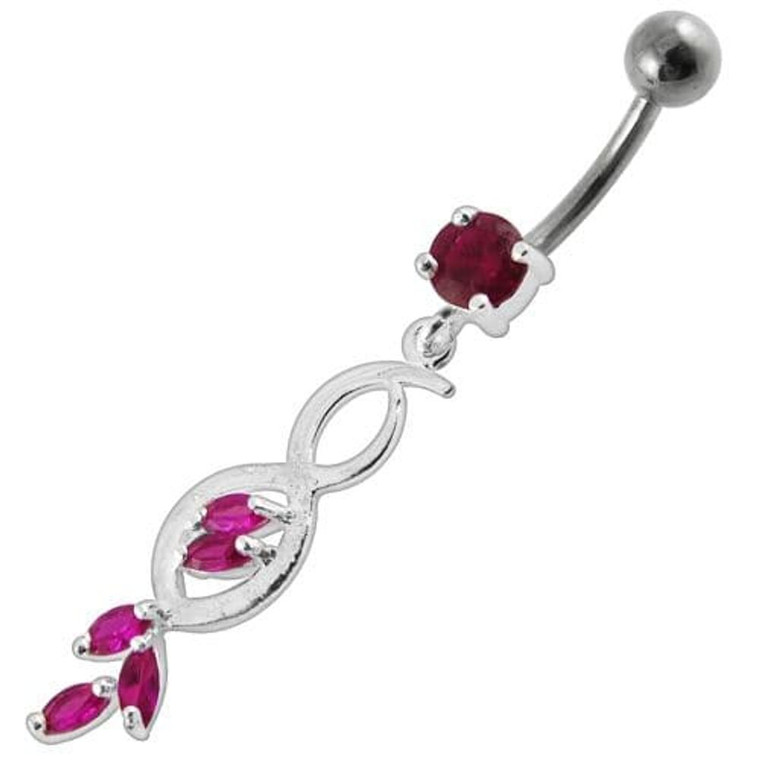 Multi Stone Jeweled Fancy Dangling SS Banana Bar Belly Ring - Red