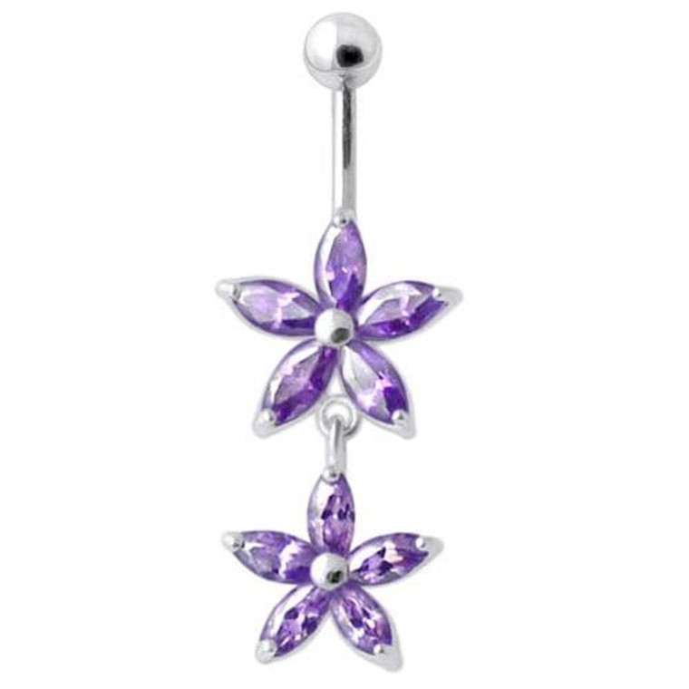 Jeweled Multi Flower Silver Dangling Belly Button Ring - Purple